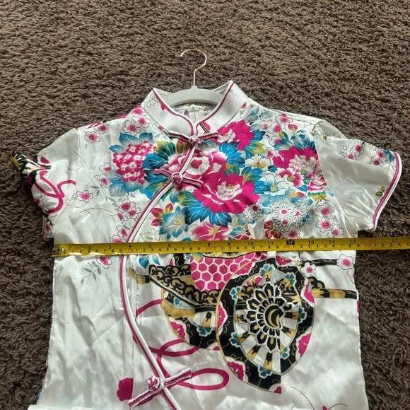 Asian Style TUNIC DRESS 100% Silk Fan Floral Pattern Made In Vietnam XS S M - Picture 7 of 11